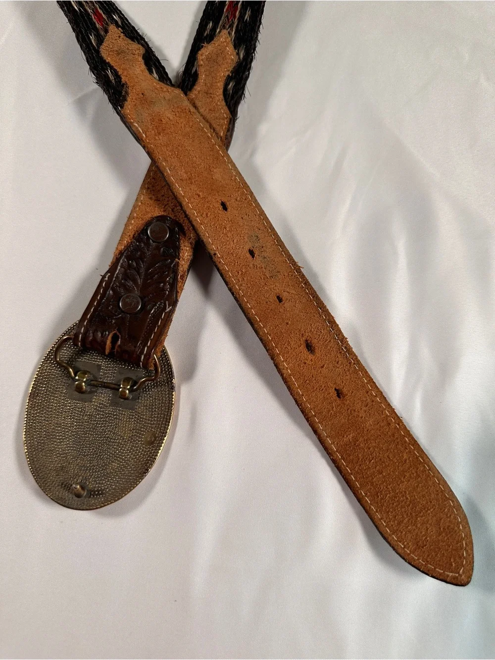 Vintage Braided Horsehair & Tooled Leather Western Belt Size 36 Solid Brass Indi